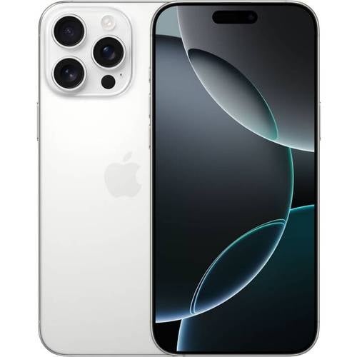 Representative Apple iPhone 16 Pro Max in White Titanium, front and back. Not a photo of the specific pre-owned device.