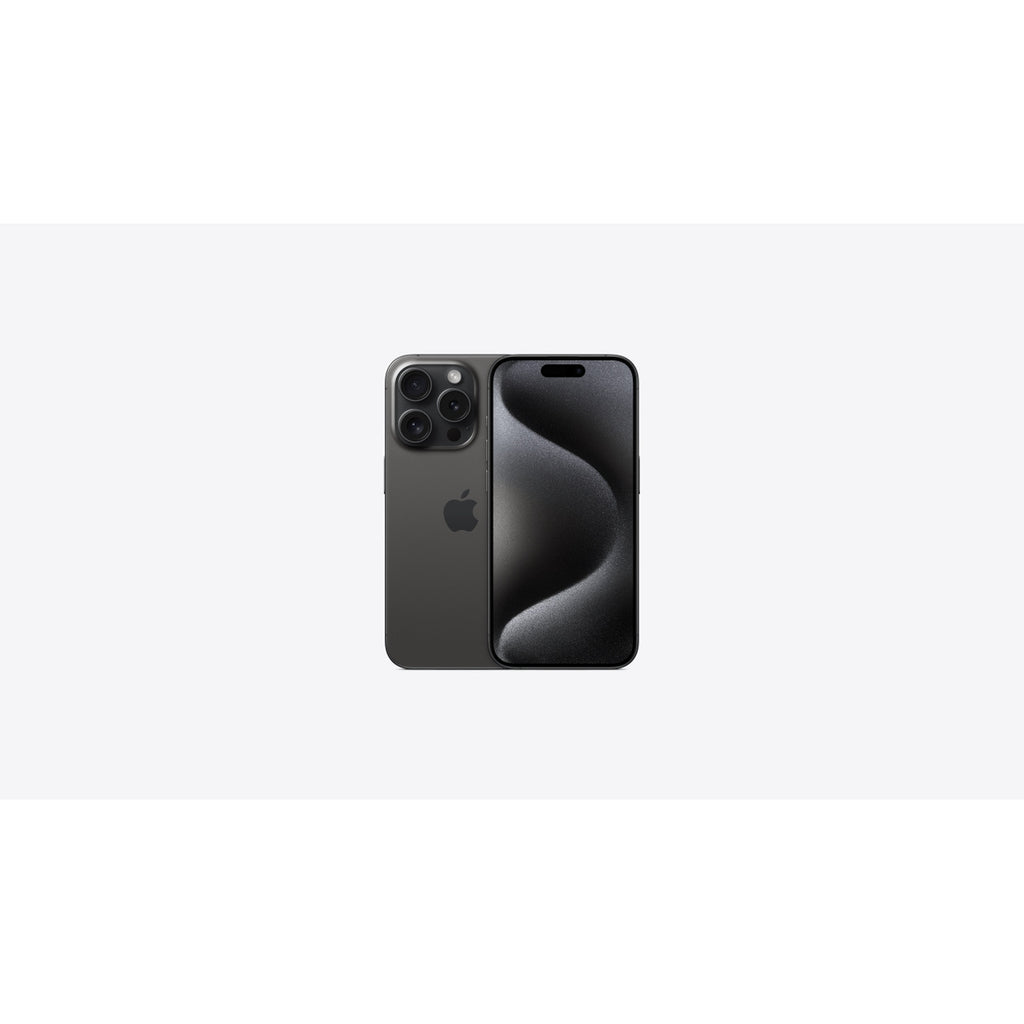 Representative Apple iPhone 15 Pro in Black Titanium, front and back. Not a photo of the specific pre-owned device.