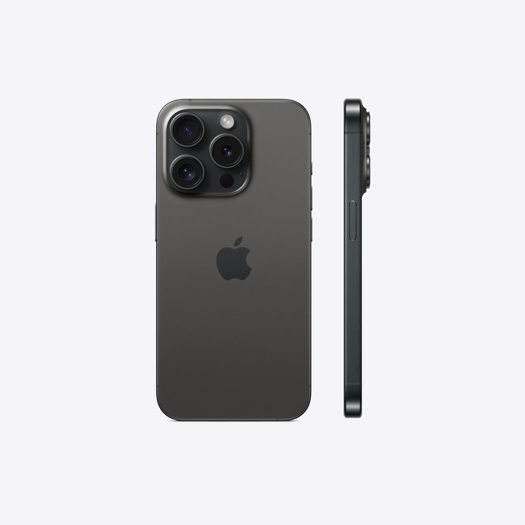 Representative rear view of Apple iPhone 15 Pro in Black Titanium. Not a photo of the specific pre-owned device.