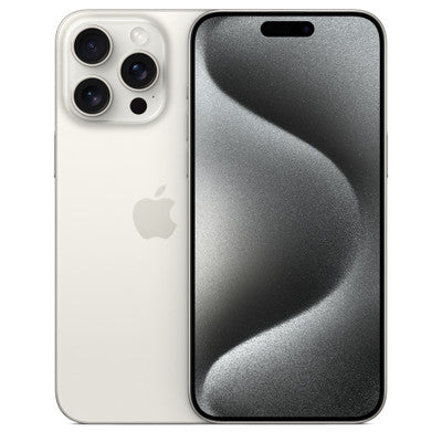 Representative Apple iPhone 15 Pro Max in White Titanium, front and back. Not a photo of the specific pre-owned device.