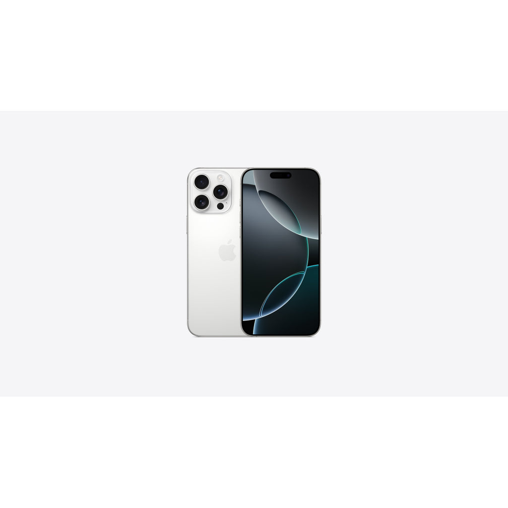 Representative Apple iPhone 16 Pro Max in White Titanium, front and back. Not a photo of the specific pre-owned device.